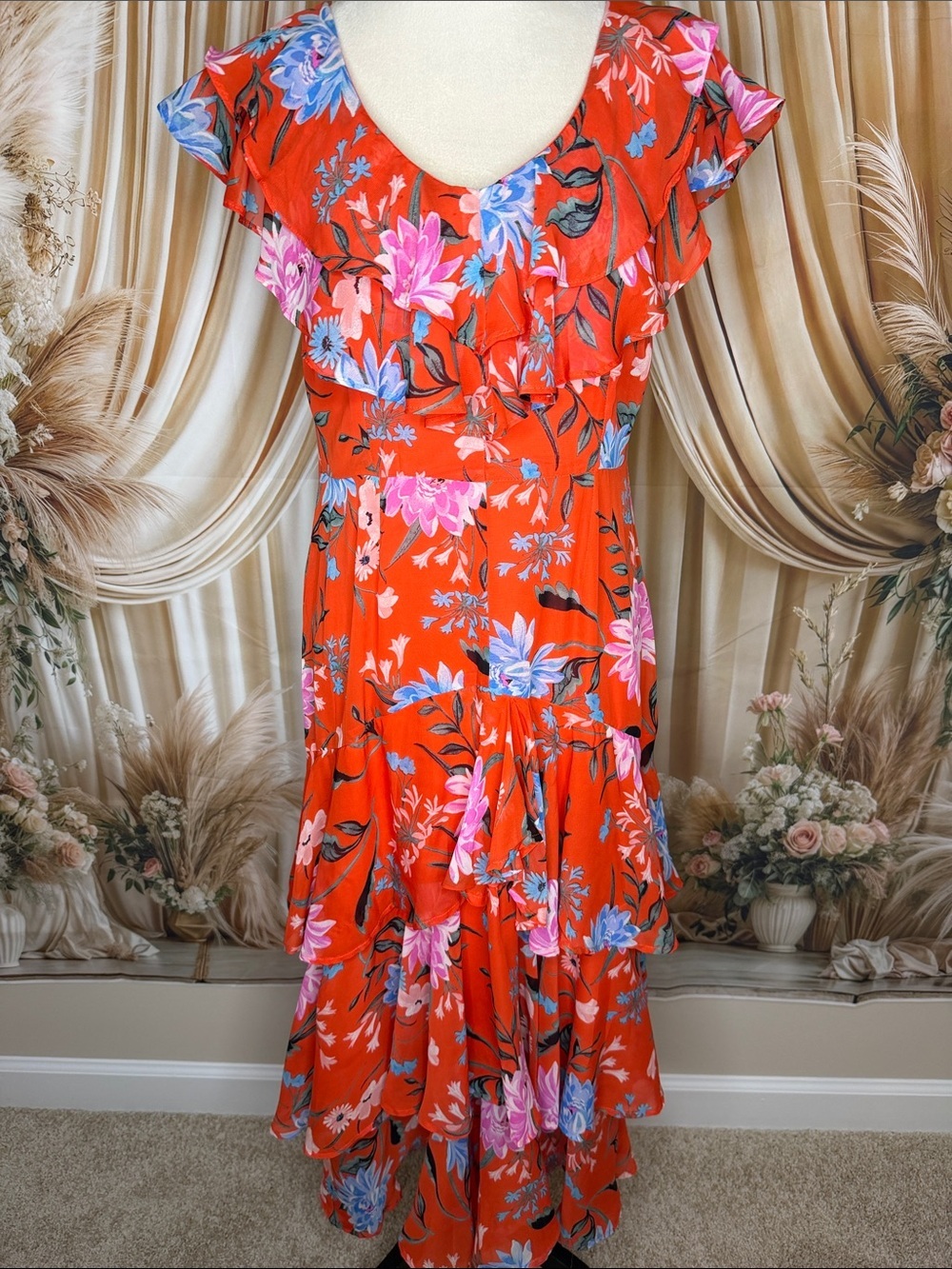 Shelby & Palmer Orange Floral Ruffle Tiered Maxi Dress